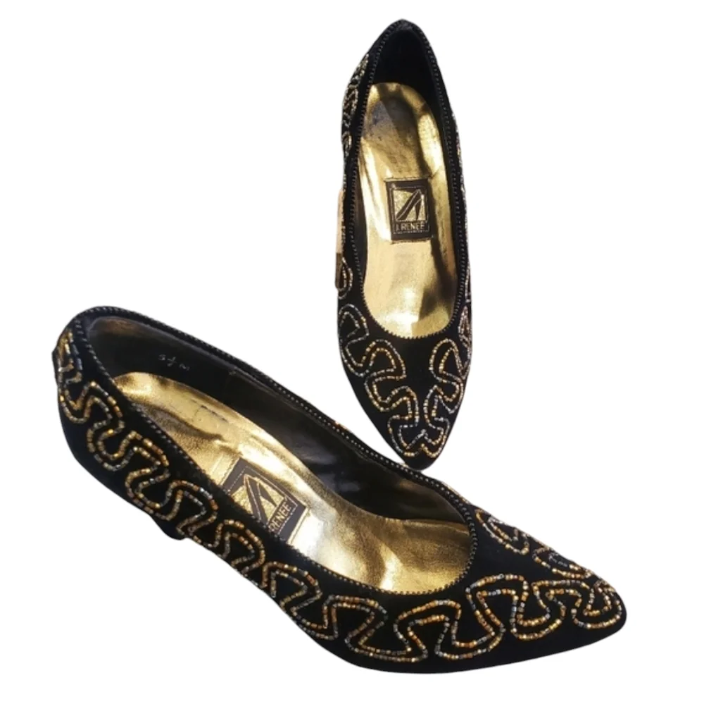 Vintage J.Renee Heels Womens Size 5.5 M Black Velvet Rhinestones Embellished